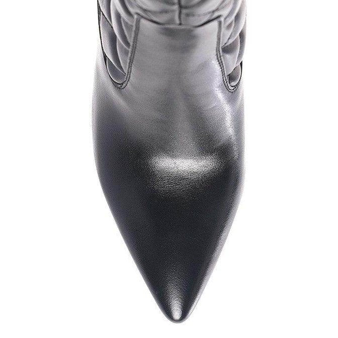 Stylish black leather block heel boots for women with a pointed toe design by Rag Company