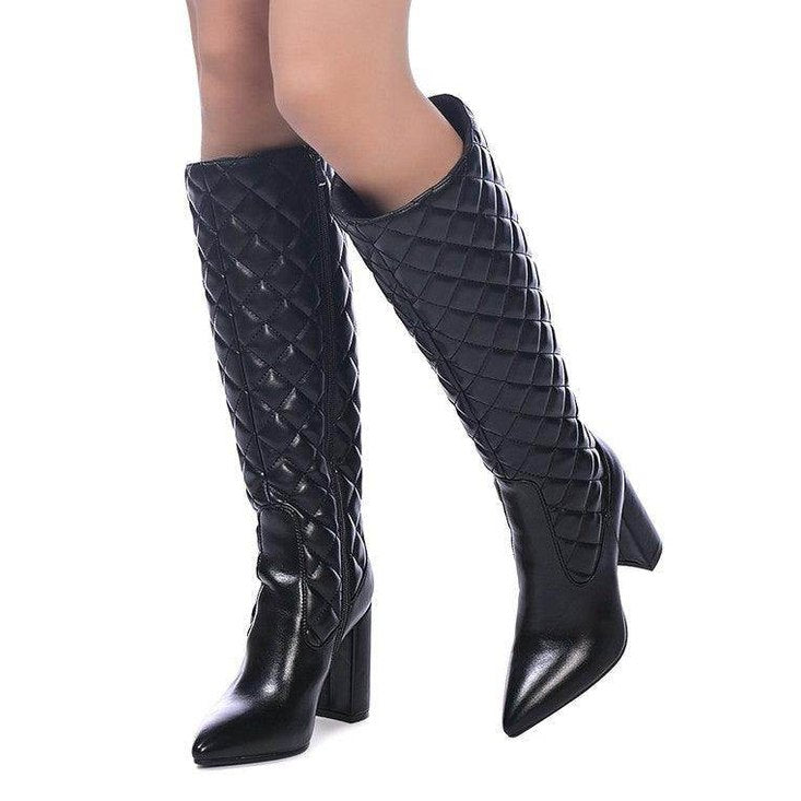 Stylish black block heel boots for women with a quilted design and pointed toe for a chic look