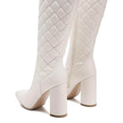 White quilted block heel boots for women with a stylish pointed toe and zipper detail