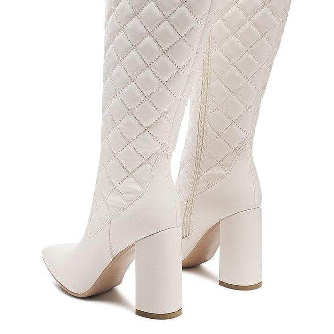 White quilted block heel boots for women with a stylish pointed toe and zipper detail