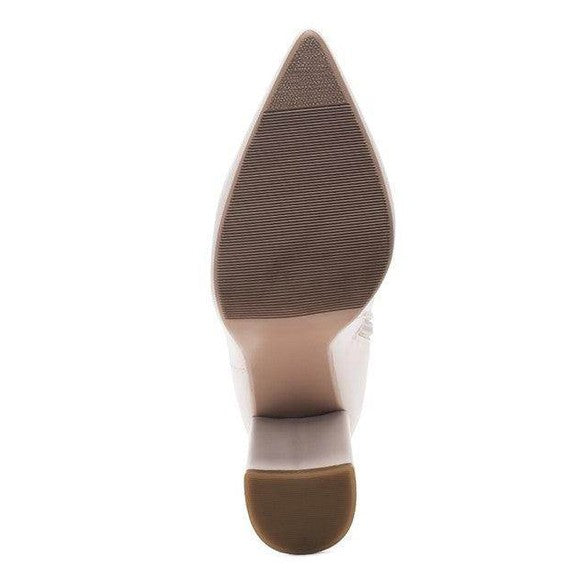 Rag Company block heel boots for women featuring a sleek pointed toe and textured sole