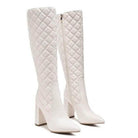 Stylish white quilted block heel boots for women with a sleek design and zippers