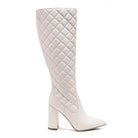 Stylish white block heel boots for women with quilted design and pointed toe