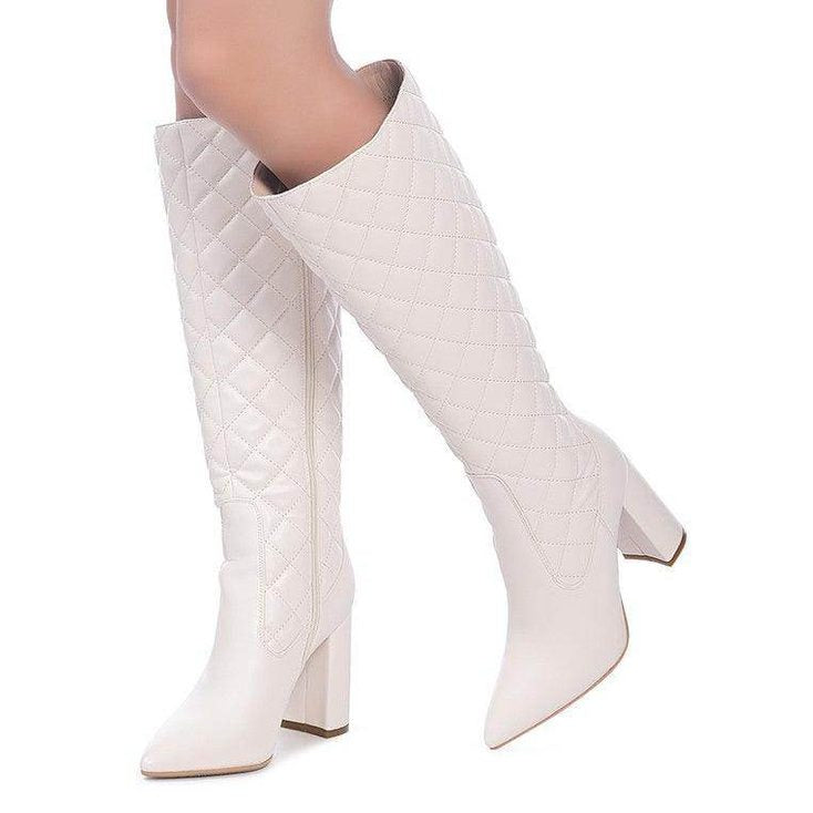 Rag Company quilted white block heel boots for women with a stylish design and comfortable fit