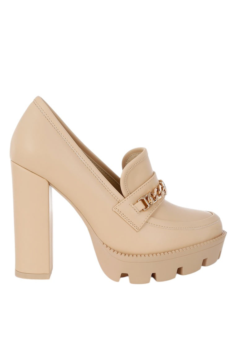 Women's beige block heel heels with chain detail for stylish comfort