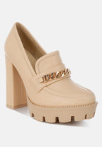 Women's beige block heel heels with gold chain detail for stylish outings