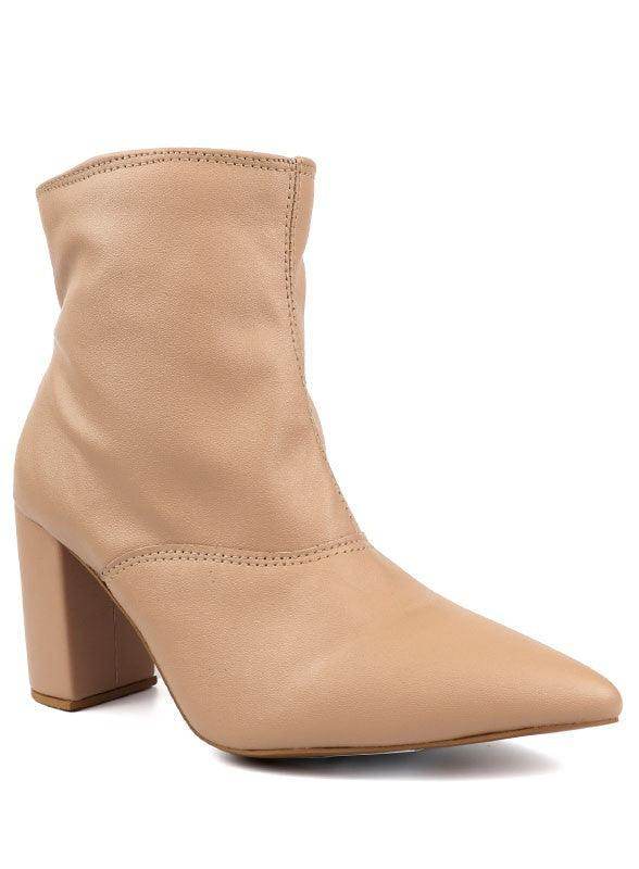 Women's nude block heel heels, faux leather ankle boots for stylish comfort