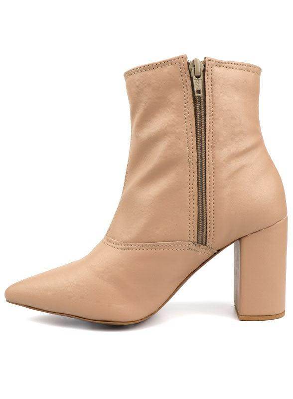 Women's nude block heel heels, stylish faux leather ankle boots