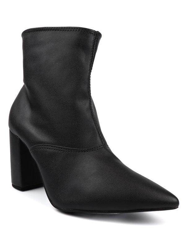 Women's black faux leather ankle boots with block heel heels