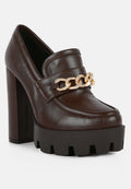 Women's brown block heel heels with trendy chain detail for stylish wear