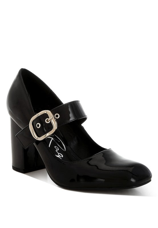 Women's black patent block heel Mary Jane sandals for stylish occasions