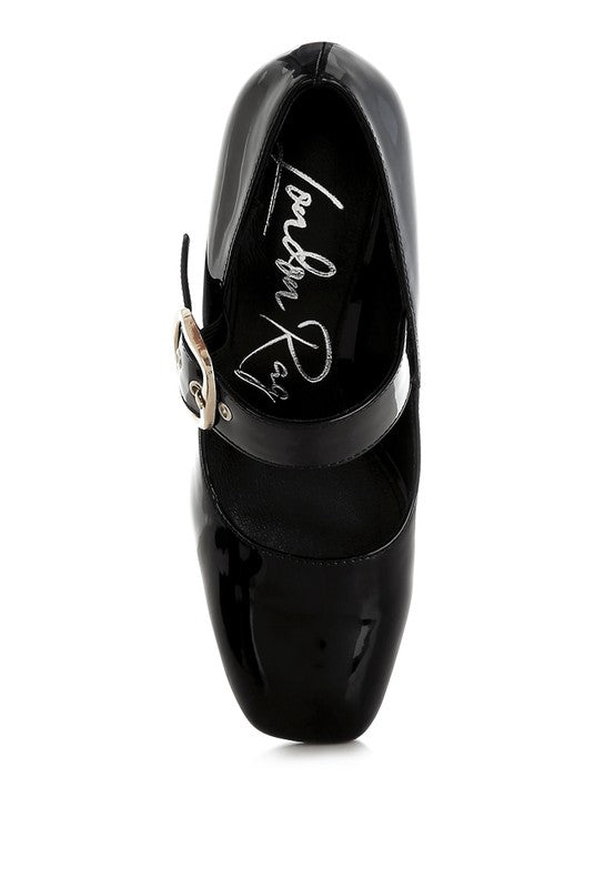 Black block heel Mary Jane sandals with shiny patent finish for stylish outfits
