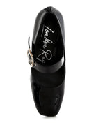 Black block heel Mary Jane sandals with shiny patent finish for stylish outfits