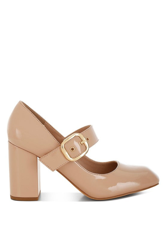 Women's nude block heel Mary Jane sandals with a stylish buckle