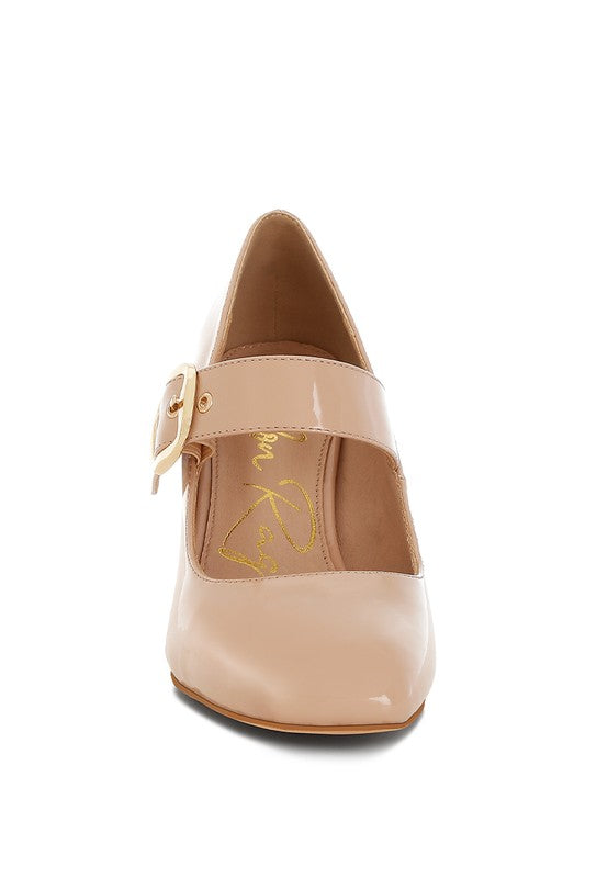 Women's patent block heel Mary Jane sandals in nude for everyday elegance
