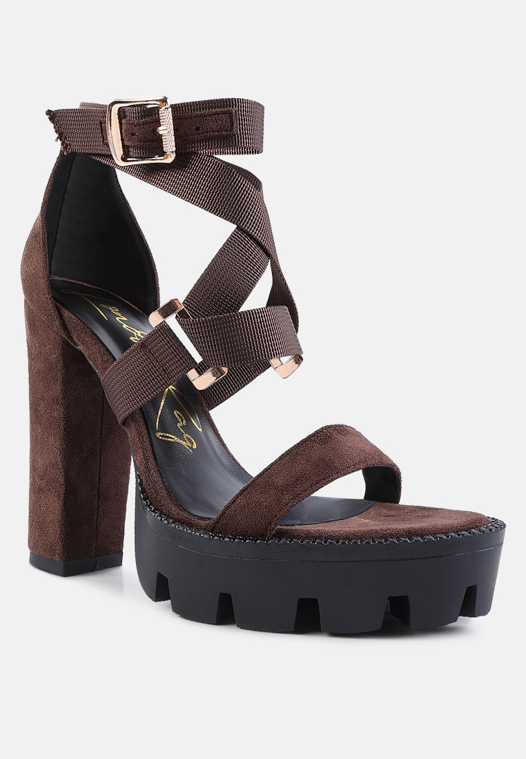 Brown block heel strappy sandals by London Rag International with stylish buckled straps