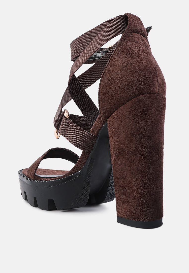 Brown block heel strappy sandals with adjustable straps and stylish design for women's fashion
