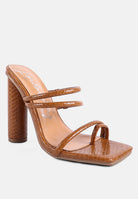 Stylish block heeled croc sandals in tan with multiple straps for women by London Rag International