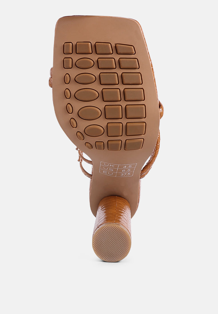 Sole view of London Rag International block heeled croc sandals with textured grip for stability and style