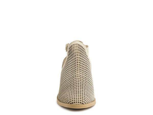Tan perforated block heeled sandals for summer with an open toe and adjustable ankle strap