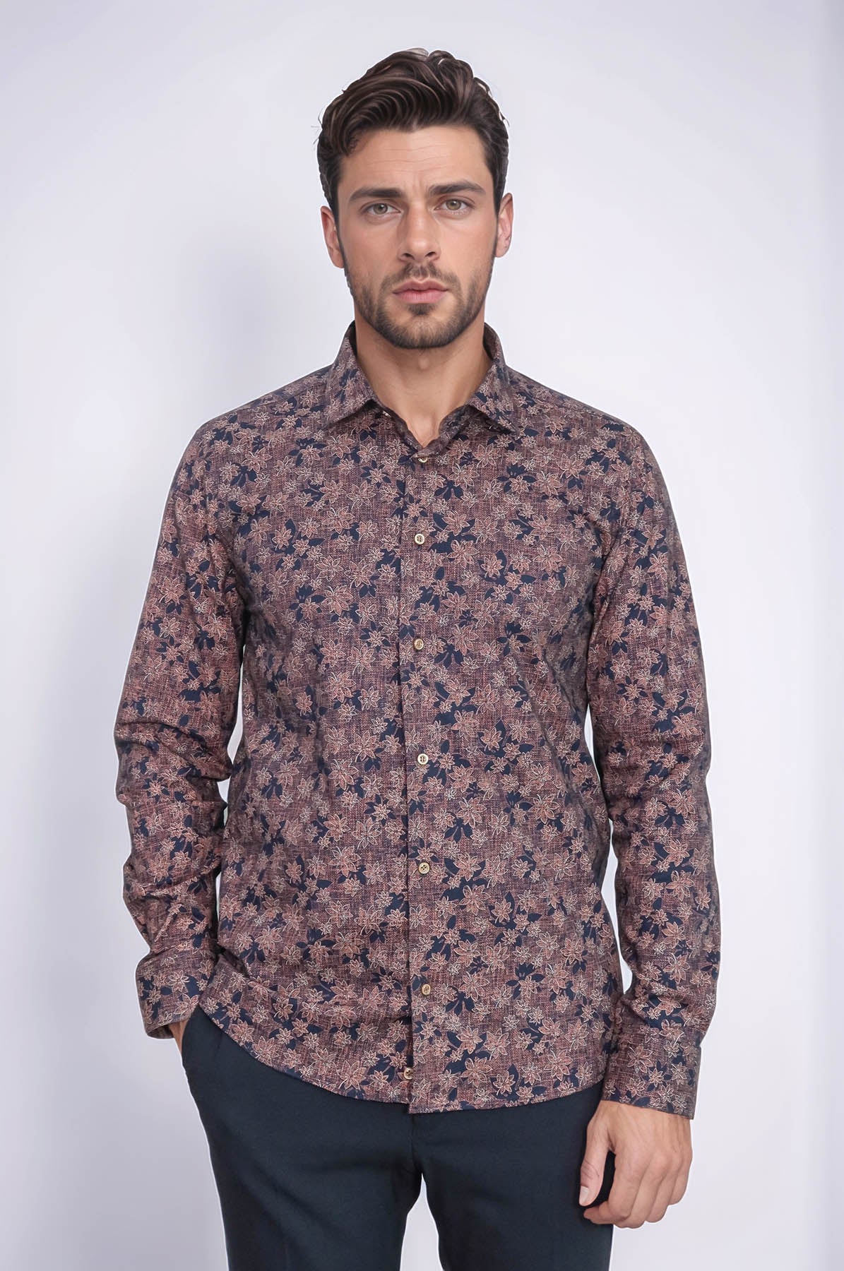 Bloom Patterned Brown Slim Fit Shirt – front view
