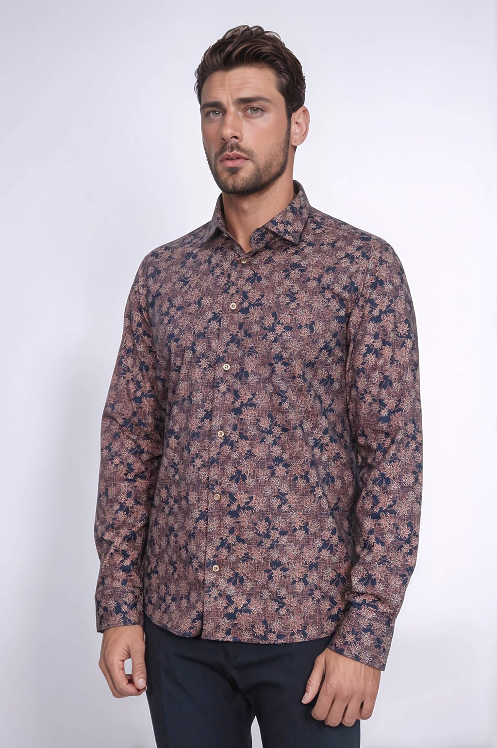 Bloom Patterned Brown Slim Fit Shirt – styled view