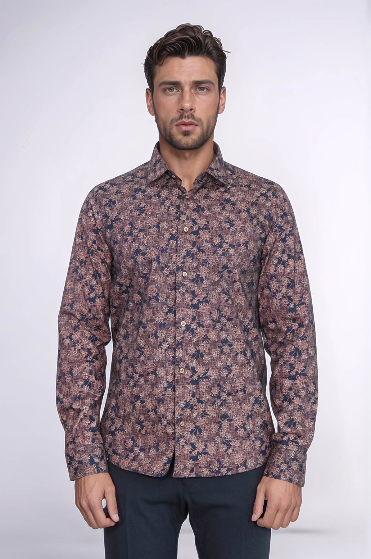 Bloom Patterned Brown Slim Fit Shirt – close up view