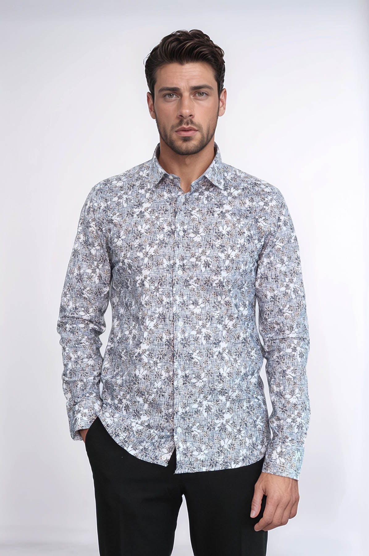 Bloom Patterned Grey Slim Fit Shirt – front view