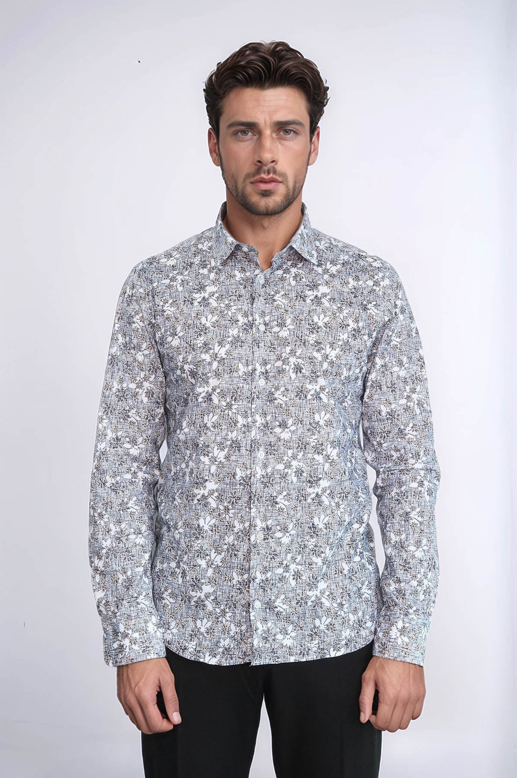 Bloom Patterned Grey Slim Fit Shirt – side view