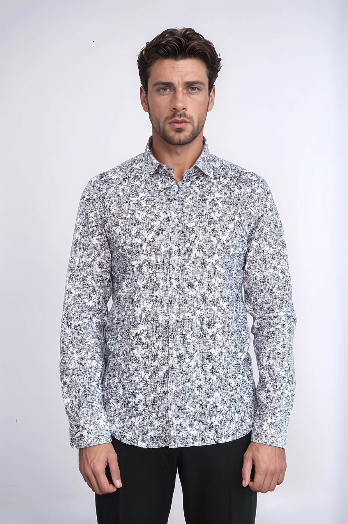 Bloom Patterned Grey Slim Fit Shirt – side view