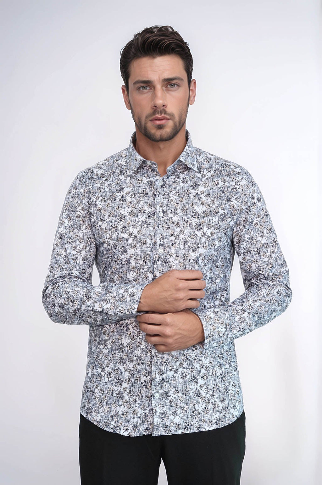 Bloom Patterned Grey Slim Fit Shirt – styled view