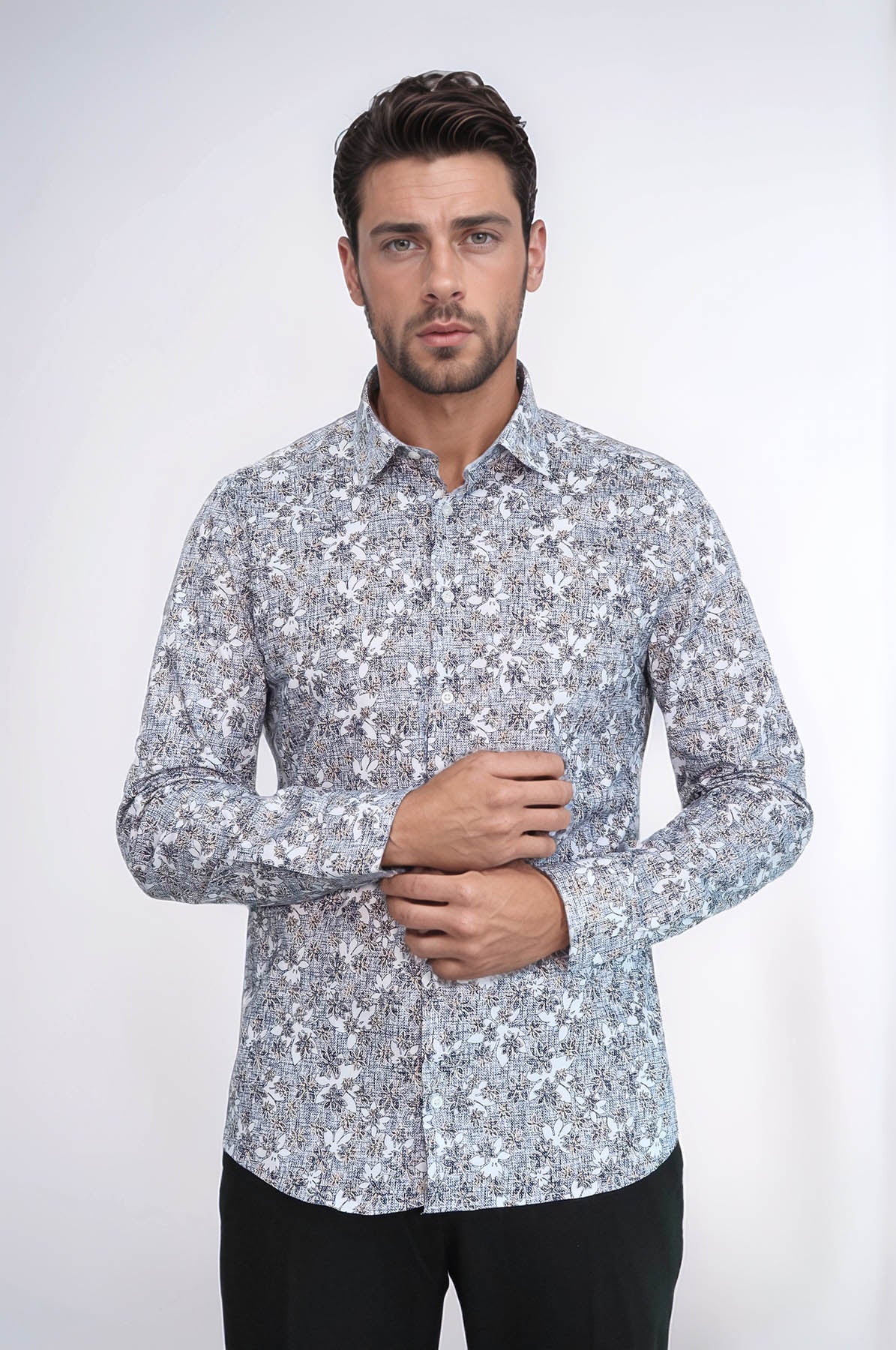 Bloom Patterned Grey Slim Fit Shirt – styled view