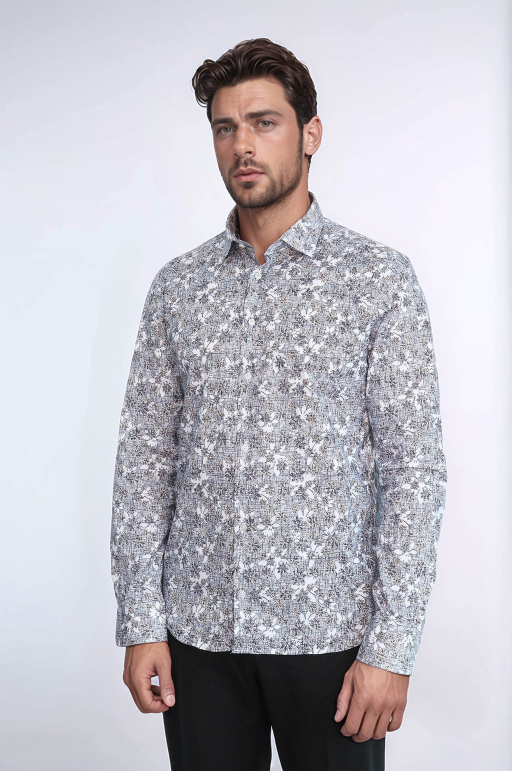 Bloom Patterned Grey Slim Fit Shirt – close up view