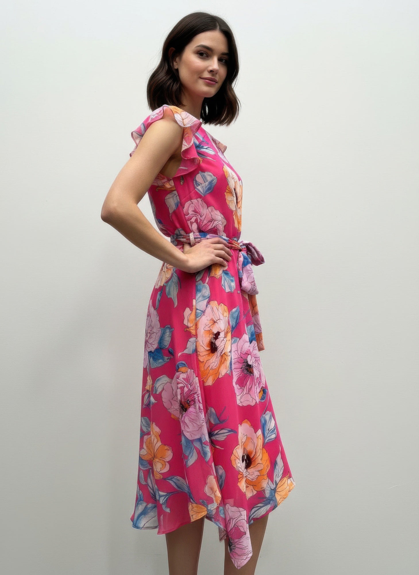 Floral pink blouse floral with ruffled sleeves, perfect for summer outings