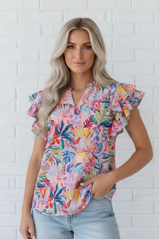 JUNIPER BLVD women's blouse floral in vibrant tropical print, casual wear