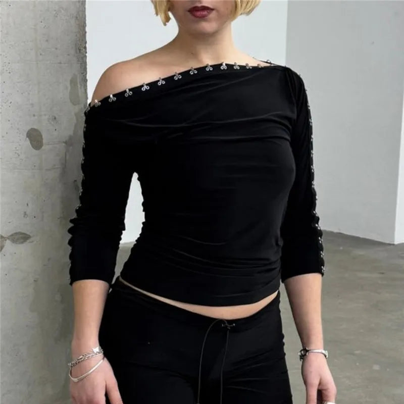 Black blouse off the shoulder, stretchy fabric, stylish for casual wear