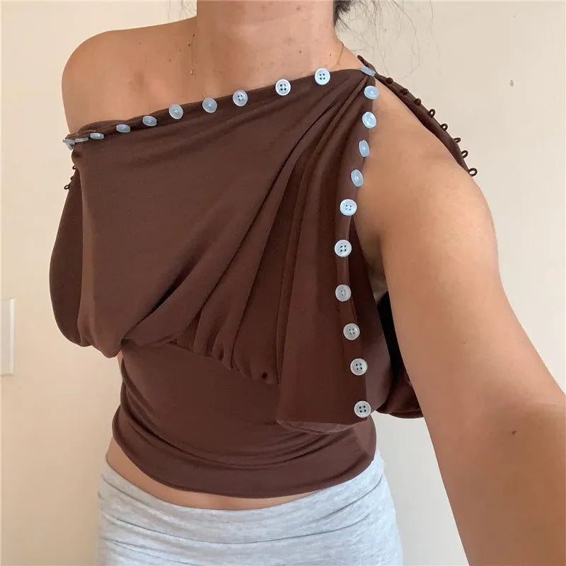 Brown blouse off the shoulder with decorative buttons for casual outings