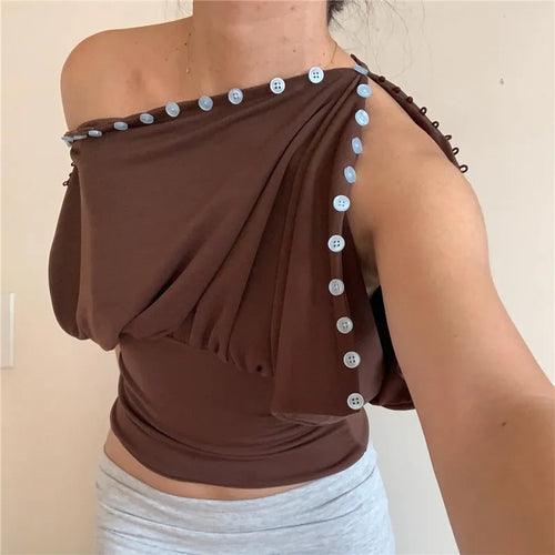 Brown blouse off the shoulder with decorative buttons for casual outings