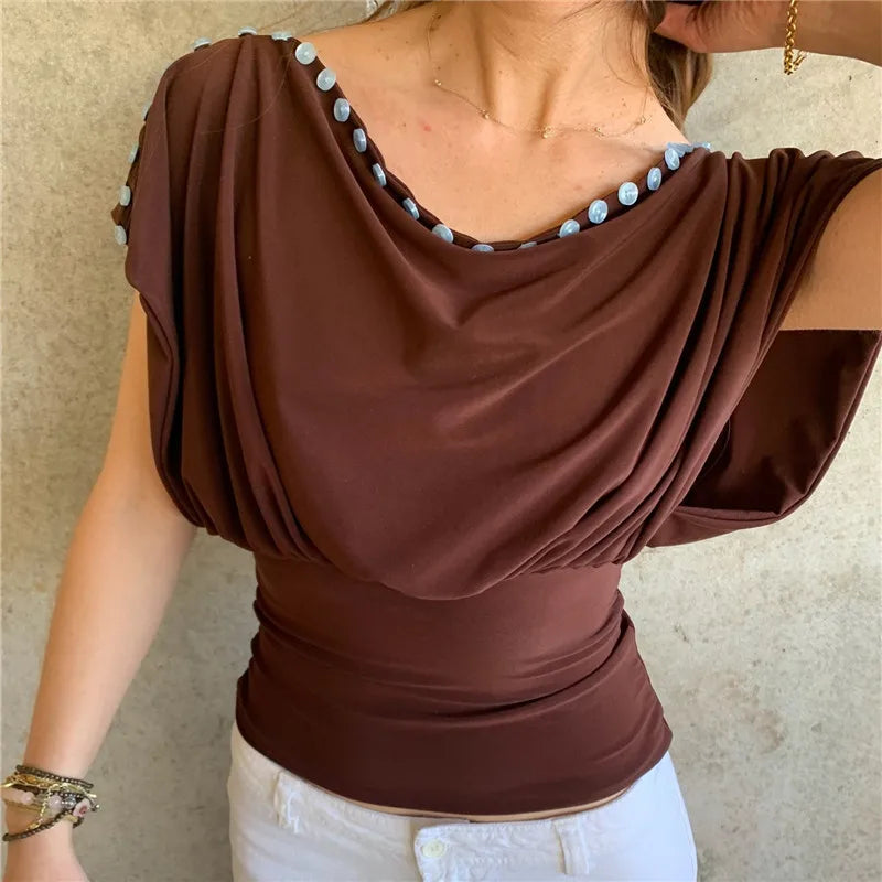 Brown blouse off the shoulder, soft material, stylish for casual outings