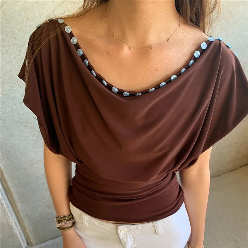 Women's brown blouse off the shoulder, soft fabric, perfect for casual outings