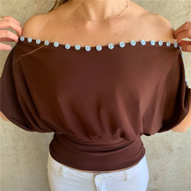 Brown blouse off the shoulder with decorative buttons, stylish casual wear