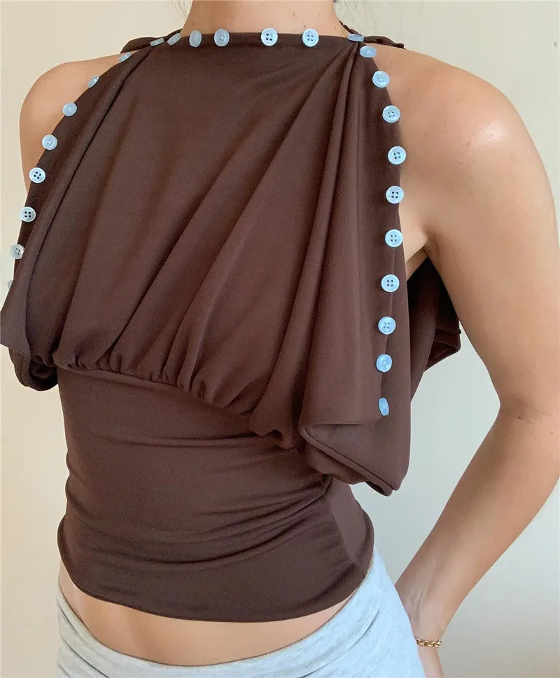 Brown blouse off the shoulder with decorative buttons for stylish outfits