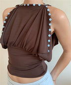 Brown blouse off the shoulder with decorative buttons for stylish outfits