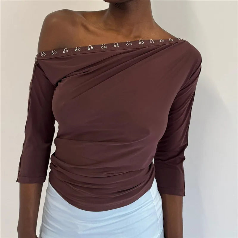 Brown blouse off the shoulder, stylish for casual outings