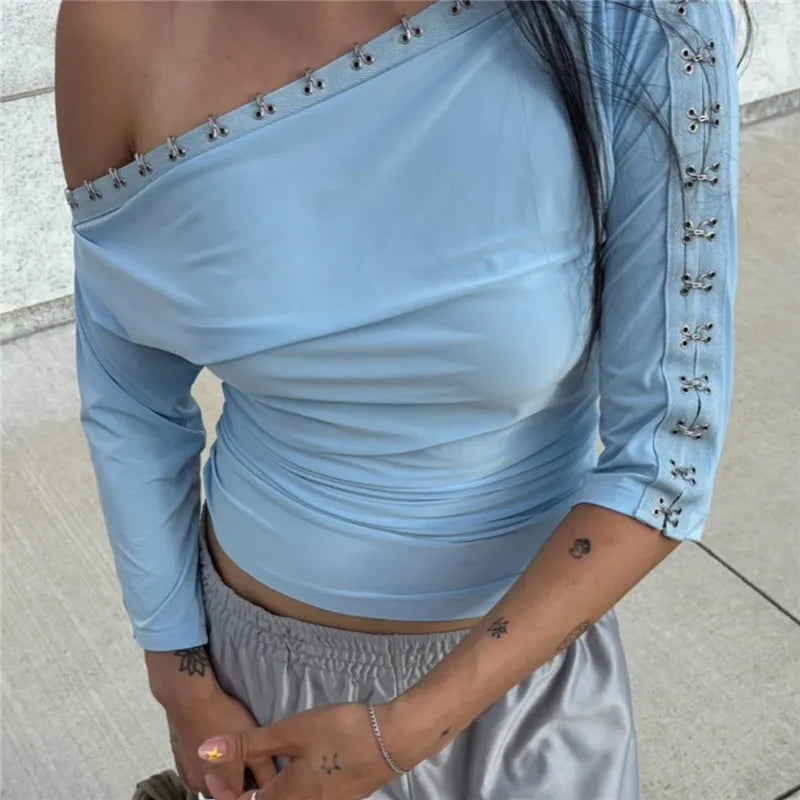 Light blue blouse off the shoulder, stretchy fabric for casual wear