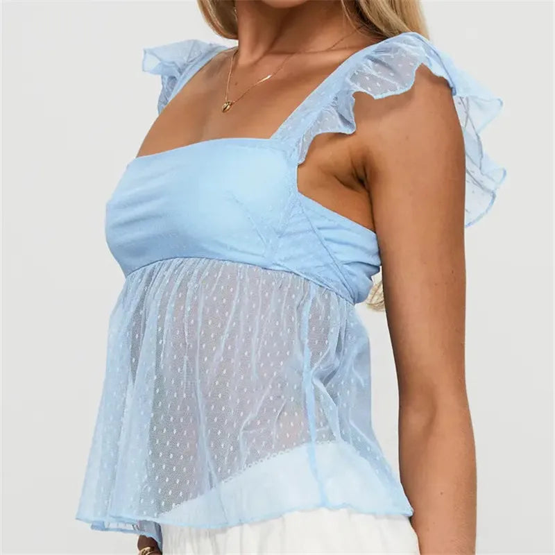 Light blue blouse peplum with ruffled sleeves for casual outings