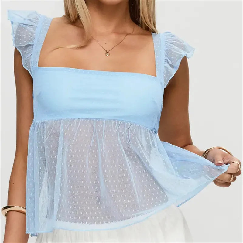 Light blue blouse peplum with ruffled sleeves for casual wear