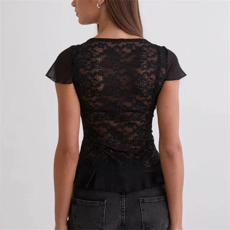 Black sheer blouse with lace details for elegant outings