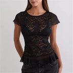 Women’s black blouse sheer with lace detailing for casual outings