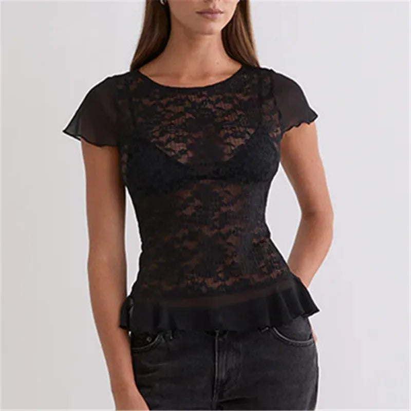 Women's black blouse sheer made of lace, perfect for stylish layering